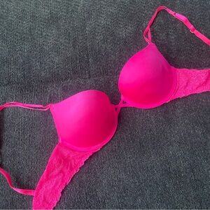 🩷 aerie Neon Highlighter Pink Push-Up Bra with Lace Detail